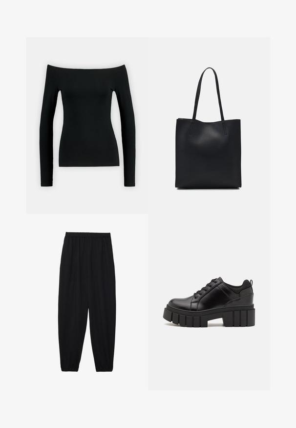 Melna garām piedurknēm augšdaļa ar no pleca noliktu izgriezumu. Izgatavota no gludas auduma, tai ir pieguļošs siluets un bezšuvju konstrukcija.; Melnas, vieglas bikses ar elastīgu jostu un savilktiem potītiem. Audums ir gluds un to raksturo brīva, sašaurināta forma.; Melnas ādas platformas kurpes ar masīvu bloku papēdi, apaļu purngalu un tradicionālu saistīšanas dizainu. Izceļas ar gludu tekstūru un minimālu apdari.; Melnas ādas somiņa ar gludu tekstūru, taisnstūra formu un divām garām rokturiem. Nav redzamu aparatūras vai rotājumu.