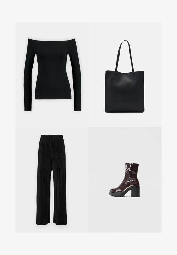 Mustmust pikkade varrukatega pluus, millel on õlgadelt avatud disain. Valmistatud siledast kangast, sellel on keha lähedane lõige ja sujuv konstruktsioon.; Mustad pleekitud püksid elastse vöökohtaga. Omavad laiad jalad ja sujuvat, tekstureeritud kangast vertikaalsete triipudega.; Klakav läikiv burgundi värvi pahkluu saabas, millel on paks must konts, sile tekstuur ja lihtne disain. Nähtavad kinnitused või mustrid puuduvad.; Mustast nahast kott sujuva tekstuuriga, ristkülikukujuline ja kahe pika sangaga. Pole nähtavat riistvara ega kaunistusi.