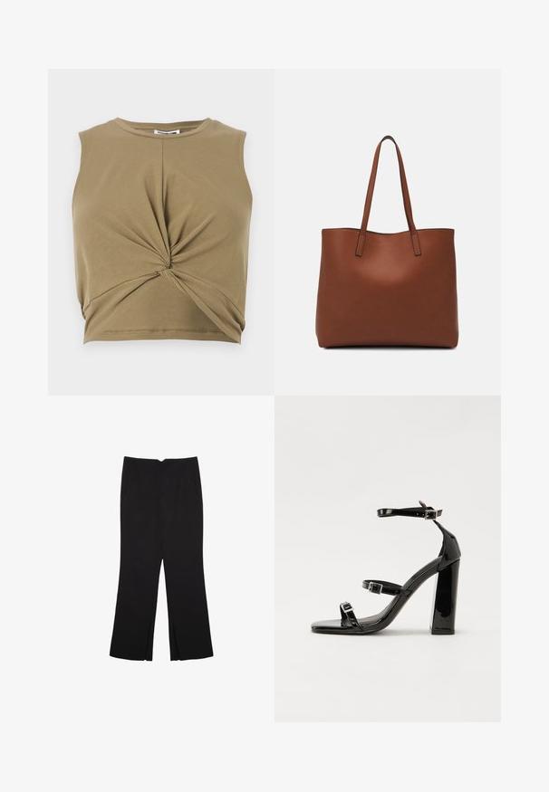 Khaki brezrokavni crop top iz mehkega blaga, z zasukanim sprednjim delom in krožnim ovratnikom za prilegajočo silhueto.; Črne hlače ravnega kroja z naglavnimi žepi in stranskimi razporki na robu. Narejene iz mehke, gladke tkanine. Primerne za različne priložnosti.; Črne lakaste sandale z visokimi petami, z dvema trakovoma z zaponkama, kvadratnim sprednjim delom in masivno širšo peto, z gladko, sijočo teksturo.; Rjava usnjena torba z gladko teksturo, odprto zasnovo zgoraj in dvema naramnima trakovoma. Opremljena je z minimalnim šivanjem in brez vidnih kovinskih delov.