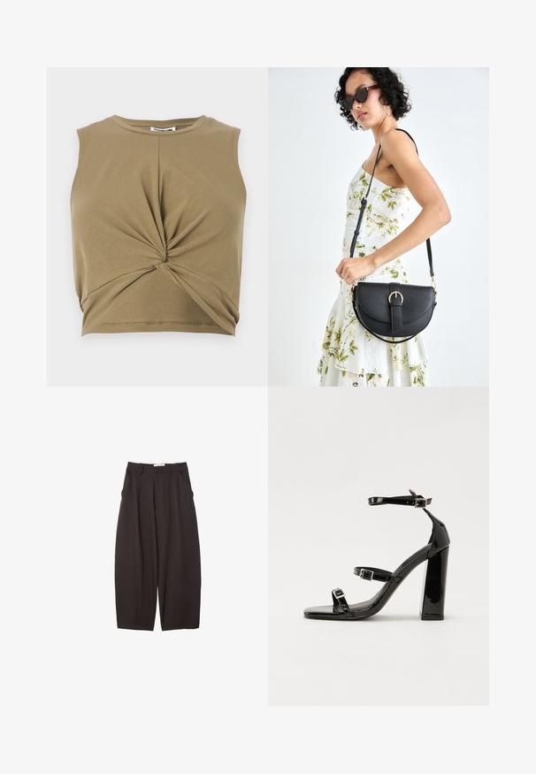 Kaki ärmlös crop top i mjukt tyg, med en vriden frontdesign och rund halsringning för en figurnära silhuett.; Svarta vida byxor i ett mjukt tyg, med hög midja, framfickor och sidofickor. Enkel design utan utsmyckningar.; Svarta lackerade högklackade sandaler med två spännband, fyrkantig tå och en tjock klack, med en slät och glansig yta.; Svart läderhandväska med en böjd form, avtagbar rem och guldiga detaljer. Väskan har ett lock med en spänndetalj.