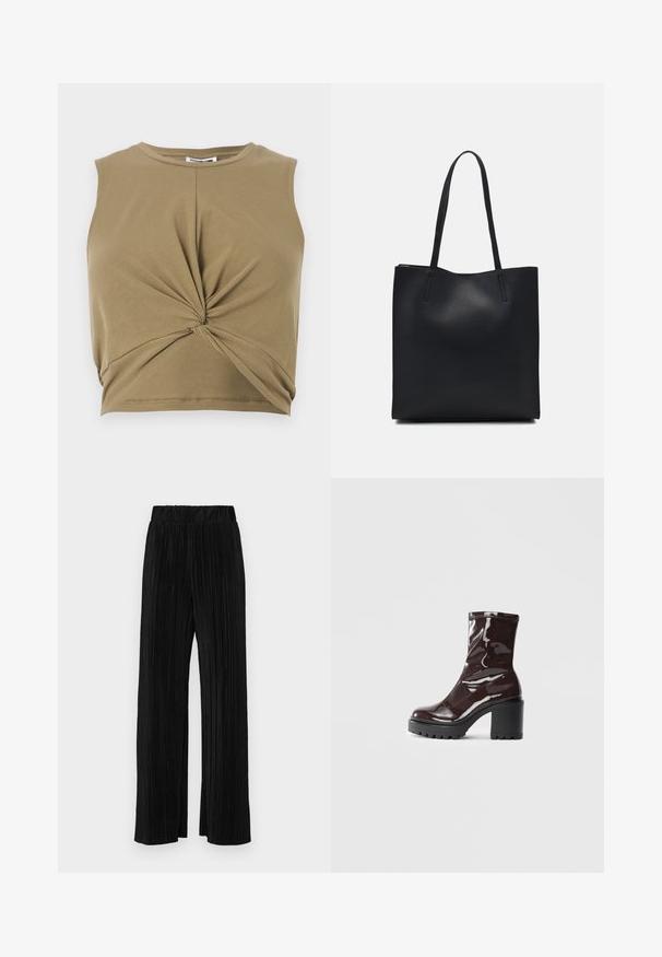 Kakhi, ermeløs crop topp laget av myk stoff, med en vridd frontdesign og rund hals for en tettsittende silhuett.; Sorte plisserte bukser med elastisk midje. Har vide ben og et glatt, strukturert stoff med vertikale striper.; Glinsende burgunder ankelstøvel med en kraftig svart hæl, med en glatt tekstur og enkelt design. Ingen synlige lukkinger eller mønstre.; Svart lær tote bag med glatt tekstur, rektangulær form og to lange håndtak. Ingen synlige deler eller dekorasjoner.