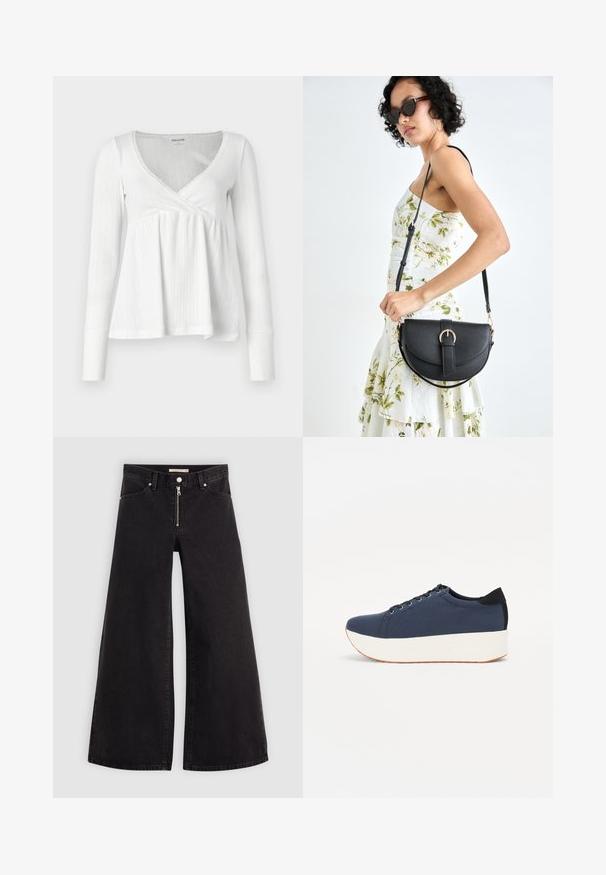 White long-sleeve top with a wrap design, ribbed texture, deep V-neckline, and flowing hem. Features a decorative lace trim along the neckline.; Wide-leg jeans in black denim with a zippered front, five-pocket design, and subtle stitching details. Smooth texture and casual style.; Navy blue sneaker with a textured fabric upper, white platform sole, rounded toe, and black heel accent. Features six eyelets for laces.; Black leather handbag with a curved shape, detachable strap, and gold hardware. The bag features a flap with a buckle detail.