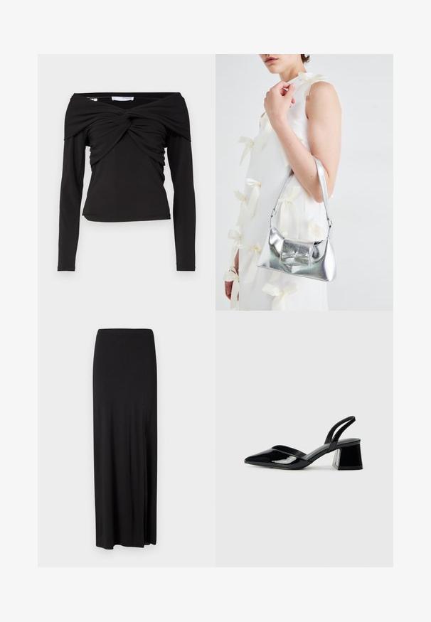 Black long-sleeve top with off-shoulder design, featuring a twisted front knot and smooth, stretchy fabric.; Black maxi skirt made of soft, stretchy material. Features a side slit and a simple, streamlined design with no embellishments.; Black patent leather slingback heels with a pointed toe and a geometric block heel. Features a sleek, minimal design and smooth texture.; Silver metallic handbag with a structured shape, featuring a top handle and bow detail on the front. Smooth texture, reflective finish.