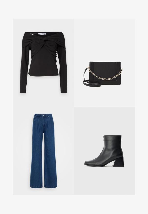 Čierny dlhý rukáv top s dizajnom bez ramienok, s krúteným uzlom vpredu a hladkým, elastickým materiálom.; Široké modré denimové džínsy s vysokým pásom, predným zapínaním na gombík a zips a prednými a zadnými vreckami na jednofarebnom pozadí.; Čierna kožená členková obuv so štvrcovým špičkou, bočným zipsom a blokovým podpätkom na jednoduchom svetlom pozadí.; Čierna kožená crossbody taška s hladkou textúrou, obdĺžnikovým tvarom a kovovým reťazovým detailom na prednej strane. Súčasťou je nastaviteľný popruh.