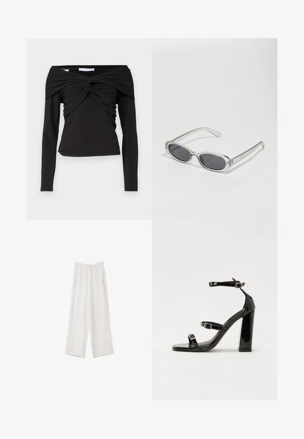Černý top s dlouhým rukávem a designem bez ramínek, s převráceným uzlem vpředu a hladkým, elastickým materiálem.; Bílé široké kalhoty vyrobené z lehké tkaniny. Mají elastický pas se šňůrkou a boční kapsy. Hladká textura.; Černé lakované sandály na podpatku se čtveratou špičkou, lýtkovými pásky a stříbrnými přezkami. Disponují masivním blokovým podpatkem pro stabilitu.; Sluneční brýle s oválným tvarem, průhledným plastovým rámem, tmavě šedými skly a tenkými průhlednými stranami s akcenty loga a minimálními detaily.