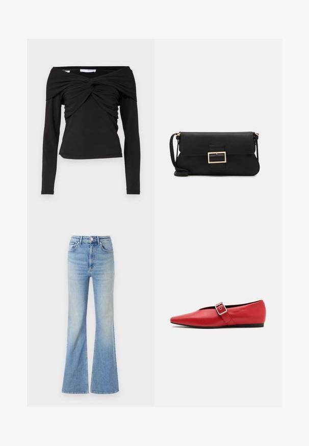 Mustmustöötav must topp, millel on avatud õlavarred, keeratud esiosa ja sile, veniv kangas.; Heledad sinine flared teksapüksid, millel on kõrge vöökoht, viie tasku disain ja peen gradiseeruv hägusus alates hemist.; Punane nahast lameda tallaga king, millel on terav nina, külje peal rihm metallklambriga ja madal must konts. Ühtlane sile tekstuur.; Must haben musta nahkklahviga kott, millel on klapp ja kuldne metallist pandla detail. Kaasas must rihm ja stiilne, minimalistlik disain.; Hõbedased rõngastikkaehingad minimalistlikus disainis. Ümar kuju, sile tekstuur ja õhuke profiil. Kerged ning poleeritud viimistlusega.