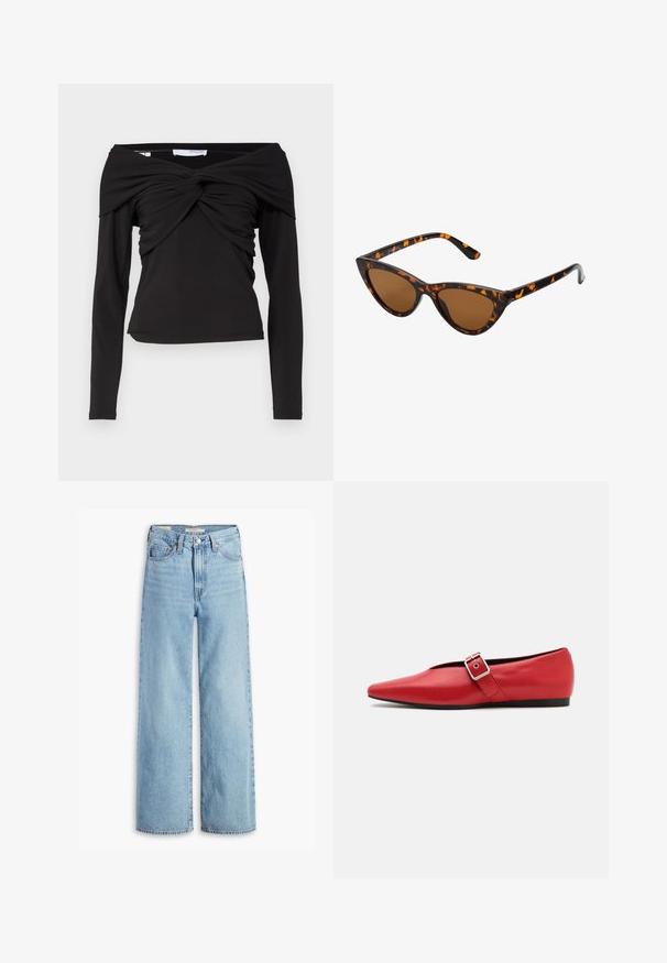 Melns garo piedurkņu tops ar plecus atbrīvojošu dizainu, kuram ir savērpts priekšējais mezgls un gluda, elastīga auduma.; Augsti jostas, gaiši zili platā kāju džinsi ar priekšējo pogu un rāvējslēdzēju, jostas cilpām un piecu kabatu dizainu.; Sarkanais ādas plakanās kurpes ar smailu purngalu, ar sānu siksnu un metāla sprādzi, kā arī zemu melnu papēdi. Visa virsma ir gluda.; Kaķa acs saulesbrilles ar melnu un oranžu bruņurupuču rakstu rāmi, brūnām lēcām un elegantiem, norādītiem galiem. Rāmī ir minimālists logos uz tempļa.; Zelta sekvīru zīmulis maisiņš ar apaļu rokturi, kas ir pārklāts ar spīdīgiem noapaļotiem sekvīriem un teksturētu audumu. Izmēri nav norādīti.