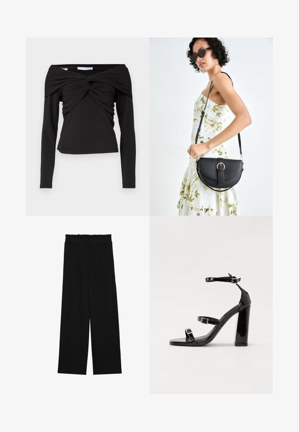 Črna bluzica z dolgimi rokavi in off-shoulder dizajnom, ki ima zasukano vozlično prednico ter gladko, raztegljivo blago.; Črne široke hlače s nabranim pasom, ki imajo dva stranska žepa in so izdelane iz gladkega, lahkega blaga. Brez vidnih vzorcev ali kovinskega okova.; Črne lakirane sandale s peto, kvadratnim prstom, trakovi okrog gležnja in srebrnimi zaponkami. Opremljene so s stabilno Debelo peto.; Črna usnjena torbica s ukrivljeno obliko, z odstranljivo naramnico in zlatimi dodatki. Torbica ima pokrov s podrobnostmi v obliki zaponke.; Zlati prstan s organskim, zvitim dizajnom, gladko površino in taperiranimi konci, ki ustvarja modernega, skulpturalnega videza.