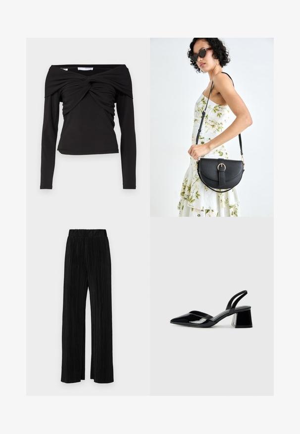 Svart langermet topp med av-på-skulder design, som har en vridd frontknute og glatt, elastisk stoff.; Sorte plisserte bukser med elastisk midje. Har vide ben og et glatt, strukturert stoff med vertikale striper.; Svarte patentlær slingback hæler med spiss tå og geometrisk blokk hæl. Har et stilrent, minimalistisk design og jevn tekstur.; Svart lærveske med en buet form, avtagbar stropp og gullbeslag. Vesken har et klaff med spenne-detall.
