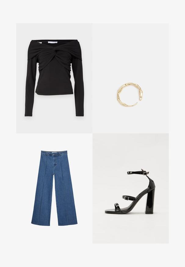 Schwarzes Langarmoberteil mit schulterfreiem Design, ausgestattet mit einem verdrehten Frontknoten und glattem, dehnbarem Stoff.; Weite Jeans aus Denim in Mittelblau, mit hoher Taille, Knopfverschluss und kontrastierenden vertikalen Nahtdetails an der Vorderseite.; Schwarze patentierte Sandalen mit Absatz, quadratischer Spitze, Knöchelriemen und silbernen Schnallen. Mit einem stabilen Blockabsatz für mehr Stabilität.; Goldfarbener Ring mit einem organischen, gedrehten Design, glatter Oberfläche und sich verjüngenden Enden, was ein modernes, skulpturales Erscheinungsbild erzeugt.