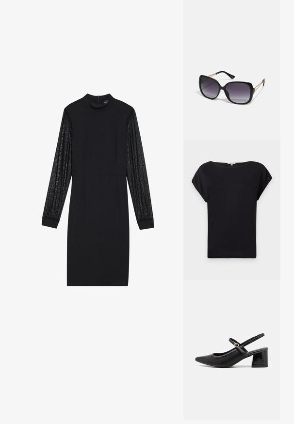 Mustat lyhyet hihatoppi, joka on valmistettu sileästä kankaasta. Ominaisuuksiin kuuluu rento istuvuus, leveä kaula-aukko ja kaareva helma. Yksinkertainen ja monikäyttöinen muotoilu.; Musta mekko, jossa on istuva yläosa ja pitkät läpinäkyvät, tekstuurilla varustetut hihat. Ominaisuuksiin kuuluu korkea kaulus ja yksinkertainen, virtaviivainen siluetti.; Musta lakattu nahka slingback-korkokengät, joissa on terävä kärki, pyöreä aukko-muotoilu ja lohkokorko. Varustettu kultasävyisellä solkiyksityiskohdalla.; Mustat ylisuurten kehysten aurinkolasit, joissa on liukuväri-linssit, paksut kehykset ja kultasävyiset ketjustuskoristeet temppeleissä.; Mustat olkalaukku, joka on valmistettu synteettisestä materiaalista, yksinkertainen suorakulmainen muotoilu, kultaiset nelikulmaiset yksityiskohdat ja kaksoiskahvat.