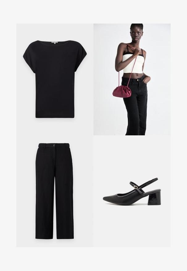 Czarny krótki rękaw top z gładkiego materiału. Posiada luźny krój, szeroką linię dekoltu i zaokrąglony dół. Prosty i wszechstronny design.; Czarne spodnie w szerokim kroju wykonane z lekkiego materiału, z zapięciem na guzik z przodu i szlufkami na pasek. Gładka tekstura bez widocznych wzorów.; Czarne lakierowane czółenka na słupku ze spiczastym noskiem, lekko zaokrąglonym wycięciem i obcasem w kształcie bloku. Posiadają złotą klamrę jako akcent dekoracyjny.; Burgundowa torba na ramię z miękkiego materiału, z marszczonym wzorem i długim paskiem, noszona na krzyż. Modelka nosi białą bluzkę crop top i czarne dżinsy.