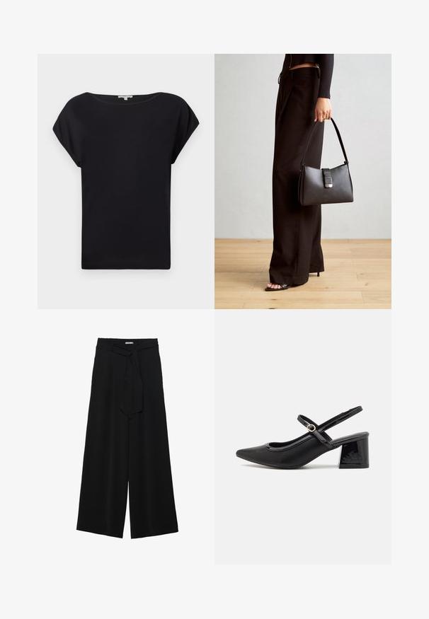 Melns īsām piedurknēm tops, izgatavots no gludas auduma. Iezīmē atvieglinātu piegriezumu ar plašu kakla izgriezumu un izliekta apakšmala. Vienkāršs un daudzpusīgs dizains.; Melni platleņķa bikses ar teksturētu audumu, elastīgu jostu un noņemamu siksnu viduklī, kas nodrošina regulējamu piegulšanu.; Melns patentēts ādas sandales ar norādīta pirksta formu, noapaļotu izgriezuma dizainu un bloķētu papēdi. Iezīmēta ar zelta toņa sprādzi.; Melnā somiņa ar strukturētu formu, gludu tekstūru un metālu sprādzi. Saskaņota ar platām melnām biksēm un sandālēm ar atvērtu purngalu uz koka grīdas.