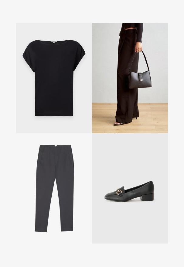 Juodas trumpas rankovėmis viršus, pagamintas iš lygios medžiagos. Turi laisvą siluetą, plačią iškirptę ir išlenktą apačią. Paprastas ir universalus dizainas.; Tamsiai pilki siauriniai kelnių su šoninėmis kišenėmis ir priekinėmis raukšlėmis, sukurtos pritaikytam modeliui.; Juodi odiniai loaferiai su plokščiu kulnu, su dekoratyvia auksine detalės priekyje ir glotnia tekstūra.; Juodas rankinė struktūrizuota forma, lygi tekstūra ir metalinis užsegimas. Suporuota su plačiomis juodomis kelnėmis ir atvirais bateliais ant medinių grindų.