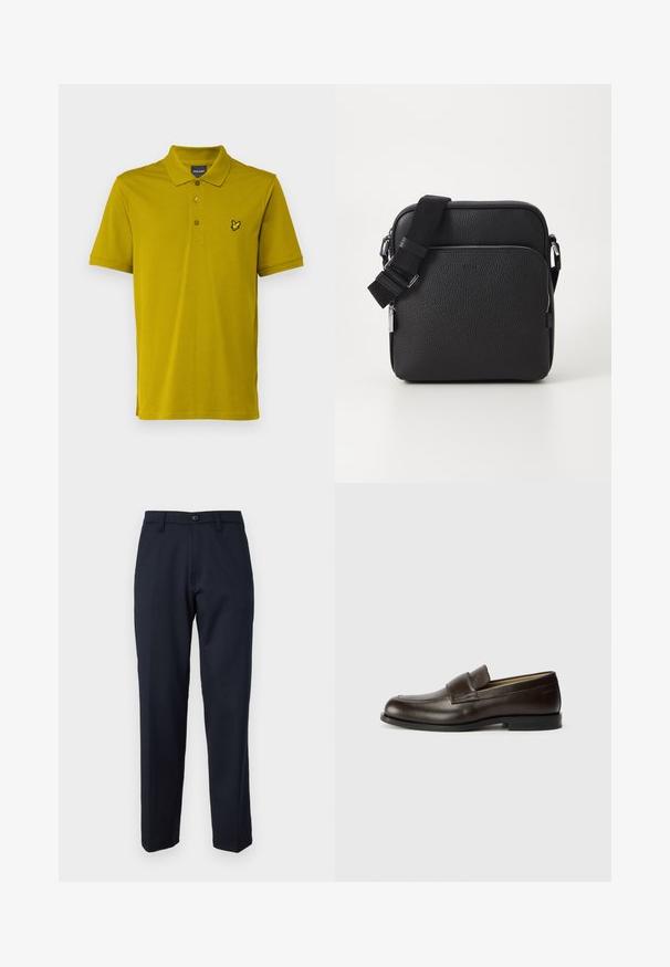 Lyle & Scott - Koszulka polo; Granatowe spodnie wykonane z gładkiego materiału, z przodem zapinanym na guzik, prostym kroju i kieszeniami bocznymi. Brak widocznych wzorów i zdobień.; Calvin Klein - Półbuty wsuwane; Czarna skórzana torba crossbody o teksturowanej powierzchni, z przednią kieszenią na zamek, regulowanym paskiem i metalowymi akcentami.