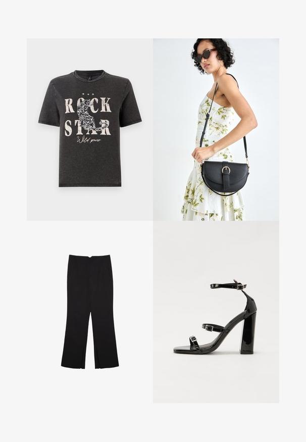 Crna pamučna majica s odvažnim bijelim natpisom "ROCK STAR" i blistavim dizajnom siluete mačke. Okrugli izrez i kratki rukavi.; Crne hlače ravnog kroja, s prednjim džepovima i bočnim prorezima na rubu. Izrađene od mekog i glatkog materijala. Pogodne za razne prigode.; Crne lakirane sandale na pete sa kvadratnim nosom, trakama oko gležnja i srebrnim kopčama. Imaju čvrst blok petu za stabilnost.; Crna kožna torba s lukovitim oblikom, odvojivim remenom i zlatnim detaljima. Torba ima preklop s kopčom.