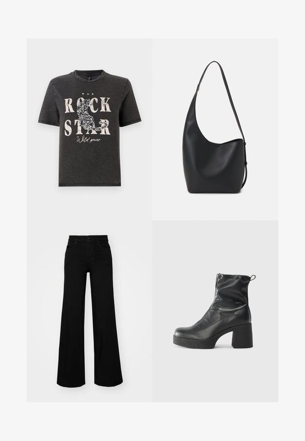 T-shirt preta de algodão com texto em branco em destaque "ROCK STAR" e um design de silhueta de gato brilhante. Decote redondo e mangas curtas.; Calças largas pretas em denim, com uma cintura estruturada, passantes para cinto e bolsos frontais. Textura suave com um design clássico.; Botas de tornozelo pretas feitas de couro liso, com fecho lateral, salto grosso texturizado e design de bico arredondado.; Saco hobo preto em pele com uma textura lisa, forma curva e uma única alça ajustável; apresenta uma abertura larga na parte de cima.