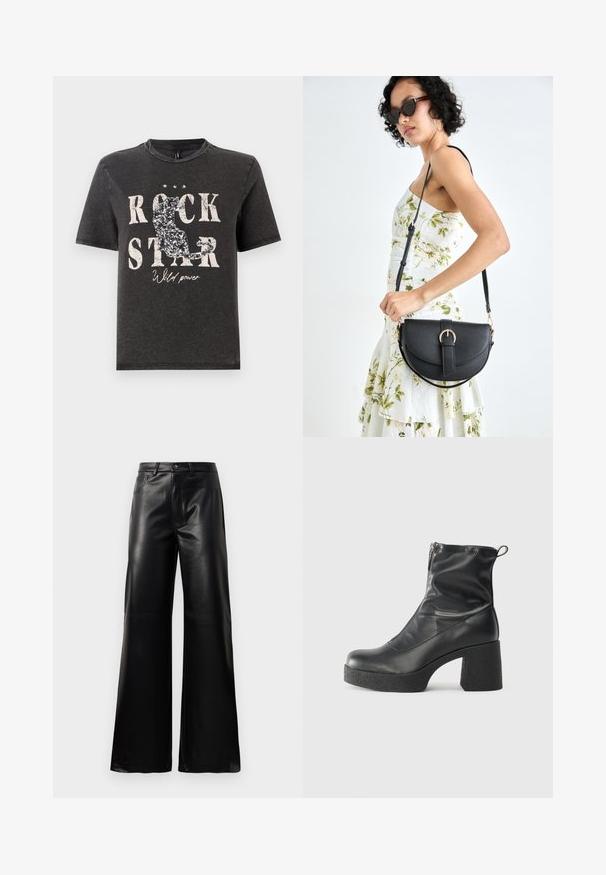 Must must värvitud T-särk, millel on julge valge tekst "ROCK STAR" ja sädeleva kassi siluett. Ümmargune kaelus ja lühikesed varrukad.; Mustad talje laiad jalad kunstnahast püksid esipaneeli nööbi ja lukuga, vöödega ja küljetaskutega valge tausta peal.; Mustad mustad ansapüksid, mis on valmistatud siledast nahast, külje zipperiga, paksu tekstuuriga kontsaga ja ümmarguse nina disainiga.; Mustmust mustraha kõverate joontega, eemaldatava rihmaga ja kuldsete detailidega. Kotil on klapp, millel on pandladetail.