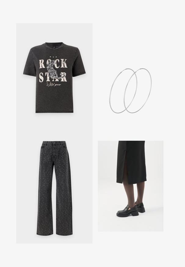 Črna bombažna majica s poudarjenim belim napisom "ROCK STAR" in bleščečo silhueto mačke. Okrugli izrez in kratki rokavi.; Noisy May NMJANNEL LOOSE - Široke kavbojke - black denim; Črne usnjene čevlje s zaobljenim prstom, debelim blokastim petama in elastičnimi stranskimi detajli, v kombinaciji s temno nogavicami in črno krilo z razporkom.; Srebrne uhane v obliki obroča z minimalističnim dizajnom. Krožna oblika, gladka tekstura in tanek profil. Lahki s poliranim zaključkom.