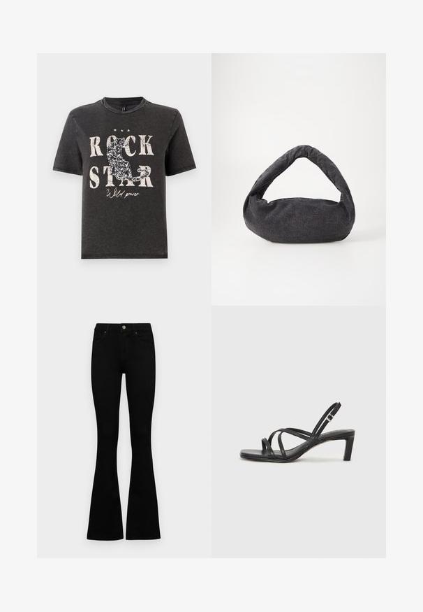 Black cotton T-shirt featuring bold white text "ROCK STAR" and a glittering cat silhouette design. Crew neckline and short sleeves.; Black high-waist jeans with a button and zip closure, front pockets, and flared legs laid flat on a white background.; Black strappy sandal with a square toe and a low block heel. Features multiple thin straps and an adjustable ankle strap. Made of smooth leather.; Dark gray fabric bag with a curved handle, soft texture, and rounded shape. No visible hardware or embellishments.