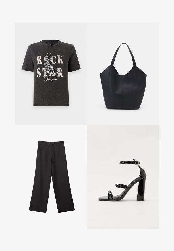 Czarna bawełniana koszulka z odważnym białym napisem "ROCK STAR" oraz błyszczącym sylwetką kota. Okrągły dekolt i krótkie rękawy.; Czarne spodnie z szerokimi nogawkami, wykonane z gładkiego materiału, z przednim zamkiem błyskawicznym i dwoma bocznymi kieszeniami, o dopasowanym kroju i minimalistycznym wzornictwie.; Czarne lakierowane sandały na obcasie z kwadratowym noskiem, z paskami wokół kostki i srebrnymi klamrami. Posiadają masywny słupek dla stabilności.; Czarna torba na ramię wykonana z gładkiej skóry, z zaokrąglonym, otwartym topem i dwoma paskami na ramię oraz minimalistycznym designem.