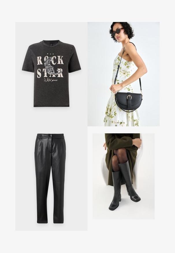 Must must värvitud T-särk, millel on julge valge tekst "ROCK STAR" ja sädeleva kassi siluett. Ümmargune kaelus ja lühikesed varrukad.; Mustad nahkpüksid, millel on sile tekstuur, sirge lõige, elastne vöökoht ja esine nupuga sulgemine; volditud detailid ja kitsenevad sääred.; Knee-high mustad nahast saapad nelinurkse varbaga ja plokilise kontsaga, esitatud mudeli kõrval, kes istub oliivirohelises mantlis. Sujuv tekstuur, minimaalne detailide arv.; Mustmust mustraha kõverate joontega, eemaldatava rihmaga ja kuldsete detailidega. Kotil on klapp, millel on pandladetail.