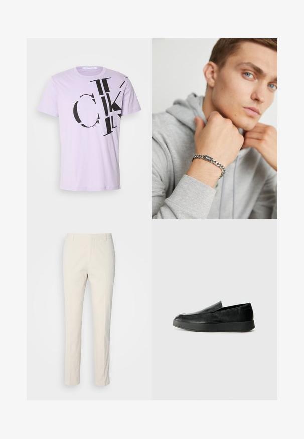 Calvin Klein Jeans REGULAR FIT SCATTERED LOGO - Potiskana majica - pastel lilac; Hlače kremaste barve, prirejene po meri, z teksturirano tkanino. Imajo ravno obliko, zanke za pas in dva sprednja žepa. Brez vzorcev.; Calvin Klein HYBRID CUP - Čevlji brez vezalk - triple black; Srebrna verižica za zapestje z pravokotno črno oznako, na kateri je vgravirano "BOSS." Nosi se na roki proti ozadju sivo-ženske kapuce.