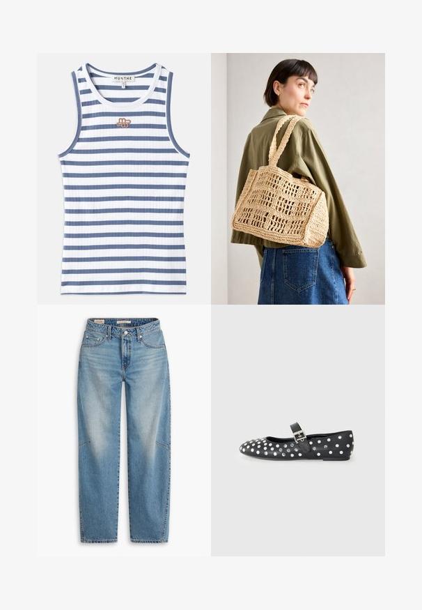 Csíkos ujjatlan felső, váltakozó kék és fehér bordázott anyagból. A tervezéshez egy kis barna logo tartozik a mellen és kék díszítés a nyakkivágásnál.; Világoskék farmernadrág, laza szabással, egyenes szárú kialakítással, gombos záródással és öt zsebes stílussal, finom fakulással és varrási részletekkel.; Fekete bőr lapos cipő, lekerekített orral, ezüst szegecsekkel pöttyös mintában, és csattal átkötve a lábfejnél.; Barna, szőtt horgolt táska téglalap alakban, két széles füllel és nyitott rácsos mintával. A dizájn textúrált anyagot és tágas belső teret tartalmaz.