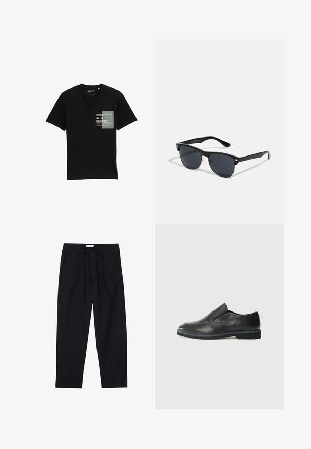 Čierne bavlnené tričko s okrúhlym výstrihom, krátkymi rukávmi a potlačenou obdĺžnikovou grafikou na prednej strane s textom a vzormi.; Pier One Nohavice chinos - black; Čierny kožený nazúvací topánka s hladkým zvrškom, prešitými akcentmi, zaoblenou špičkou a nízkym gumovým podpätkom. Podošva má minimálny dezén.; Čierne slnečné okuliare s obdĺžnikovým tvarom, tmavými sklami, striebornými akcentmi na bočných okrajoch a matným povrchom rámu.