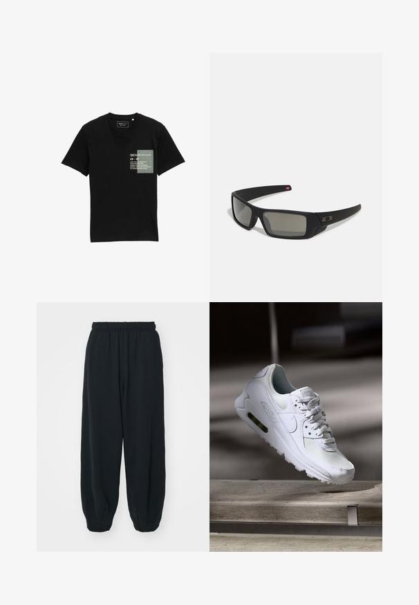 Črna bombažna majica s okroglim izrezom, kratkimi rokavi in natisnjenim pravokotnim grafičnim motivom spredaj, ki vključuje besedilo in vzorce.; Črne, elastične hlače za prosti čas z ohlapnim krojem, manšetami na gležnjih, gladko teksturo in brez vidnih vzorcev ali dodatkov.; Bela Nike Air Max 90 športna obutev z mrežastim in usnjenim zgornjim delom, perforiranim prstnim delom in vidno zračno enoto v peti.; Crne sončne naočale s mat površinom, pravokutne leće, blagi luk na sljepilima, diskretna oznaka i leće sa dimnim nijansama.