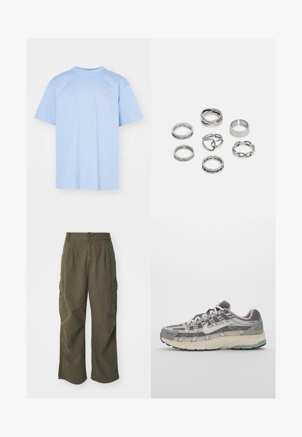 Helles blaues Baumwoll-T-Shirt mit kurzen Ärmeln, rundem Ausschnitt und kleinem, orangefarbenem gesticktem Logo auf der Brust. Einfaches, schmuckloses Design.; Cargo-Hosen in Olivgrün, aus Baumwolle, mit weitem Bein, Falten und seitlichen Taschen für Funktionalität.; Grauer Sportschuh mit einem Obermaterial aus Mesh und Wildleder, weißen Akzenten, einer gepolsterten Sohle und einem charakteristischen Design mit reflektierenden Elementen.; Set aus sieben silbernen Ringen mit verschiedenen Designs, einschließlich verdrehter, verbundener und gravierter Muster. Unterschiedliche Formen und Breiten.