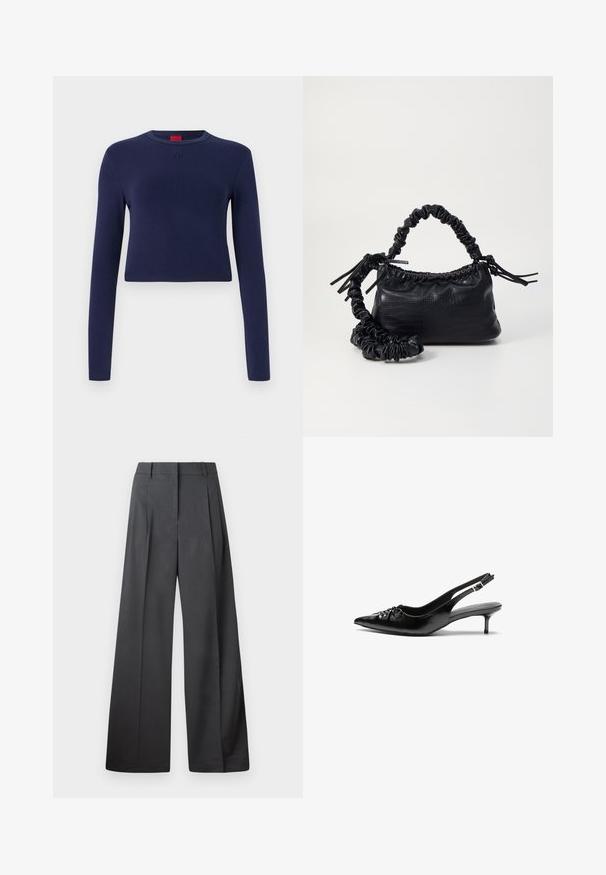 Navy blue cropped long-sleeve top made of soft fabric, featuring a round neckline and embossed logo at the chest.; Wide-leg trousers in dark gray fabric, featuring a high waist, single pleats, and a smooth texture with a clean finish at the hems.; Black leather slingback heels with a pointed toe, small kitten heel, and a decorative knot detail on the front. Smooth texture throughout.; Black faux leather handbag with a crocodile texture, cinched top, and a scrunched strap. Appears soft and compact in design.