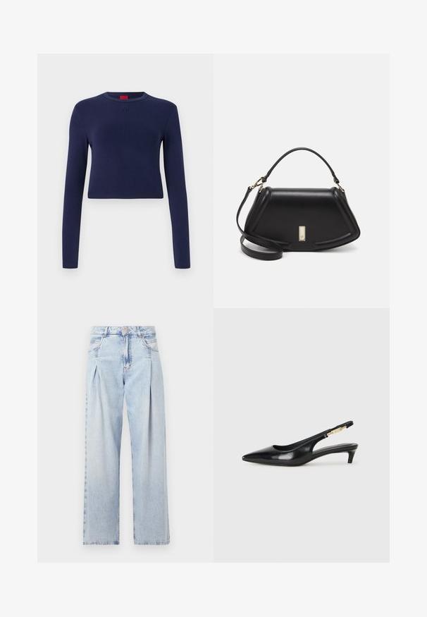 Sötétkék, rövidített, hosszú ujjú felső, puha anyagból készült, kerek nyakkivágással és dombornyomott logóval a mellkasán.; Világoskék farmernadrág magas derekú, bő szabású, két oldalsó zsebbel és pliszírozott dizájnnal. Puha tapintású, elhalványított felület.; Fekete bőr slingback magassarkúk, hegyes orral, vékony sarkakkal és arany színű részlettel a állítható pánton. Simа felület.; Fekete bőr kézitáska, strukturált dizájnnal, rövidített formával, felső fogantyúval és arany színű kiegészítőkkel. Állítható vállpánt is tartozik hozzá.