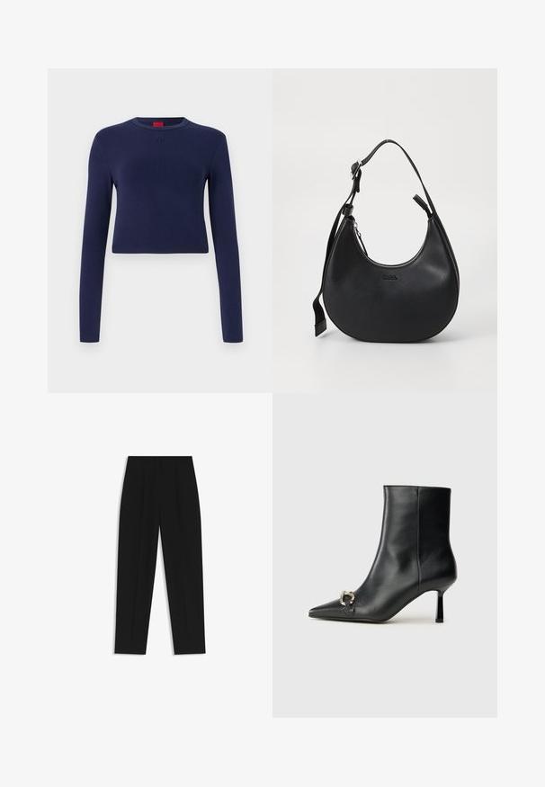 Marineblaue, kurz geschnittene Langarmbluse aus einem weichen Stoff, mit runder Halslinie und geprägtem Logo auf der Brust.; Schwarze Hose mit geradem Schnitt, doppelten Falten, einer glatten Textur und einem klassischen Bunddesign. Keine sichtbaren Beschläge oder Akzente.; Schwarze Leder-Stiefelette mit spitzer Zehe, schlankem, mittelhohem Absatz und silberner Schnalle seitlich vor einem schlichten Hintergrund.; Schwarze Leder-Schultertasche mit einer geschwungenen Form, Reißverschluss und verstellbarem Tragegurt. Mit eingeprägtem Markenlogo auf der Vorderseite.
