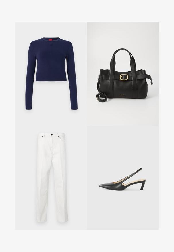 Tamno plava skraćena majica dugih rukava izrađena od mekanog materijala, s okruglim izrezom i reljefnim logotipom na prsima.; Bijele traperice s ravnim krojem, zatvaranjem na gumbe i dva prednja džepa. Nema vidljivih uzoraka ili ukrasa. Glatka tekstura.; Crne cipele s izduženim vrhom i remenom oko pete, s niskom petom, izrađene od glatke kože i s izrezbarenom stranom radi prozračnosti.; Crna kožna torba s strukturiranim dizajnom, dvostrukim gornjim ručkama, zlatnim kopčom kao naglaskom i utisnutim logotipom marke sprijeda.