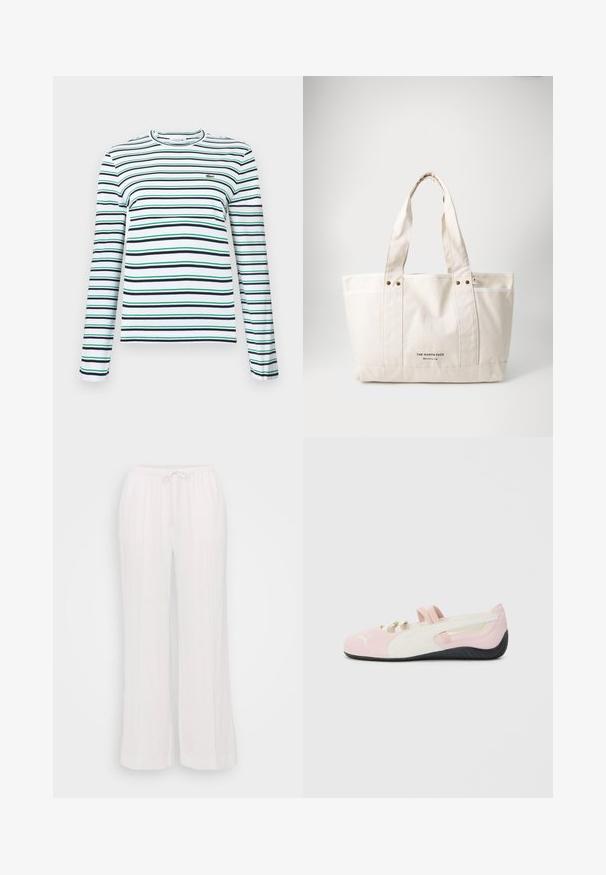 Langermet t-skjorte med rund hals i hvitt med horisontale striper i marineblått og grønt. Har en liten brodert logo på brystet.; Hvite vide bukser laget av lett stoff, med elastisk midje og snøring samt vertikale sømmer for tekstur.; Rosa semskede slip-on sko med hvite detaljer, gummisåle og elastiske stropper. Har et teksturert design og en liten logo foran.; Canvas tote bag i lys beige med to robuste håndtak, kontrasterende hvit kant og logoen "THE NORTH FACE" i svart på forsiden.