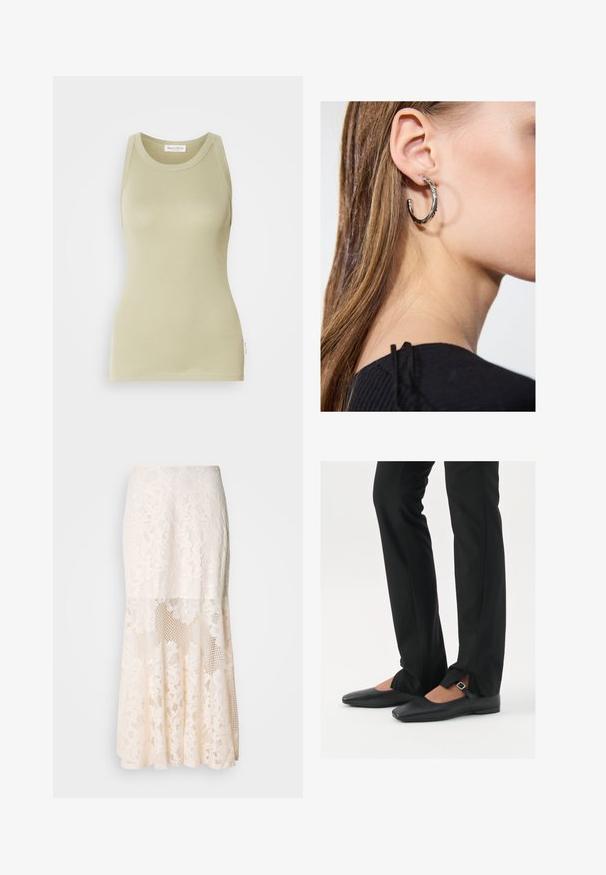 Top in oliva chiaro realizzato in tessuto morbido. Presenta un collo arrotondato e un design senza maniche con rifinitura pulita.; Gonna midi in pizzo floreale color crema; presenta un design a strati con sezioni trasparenti, pizzo testurizzato e un orlo svasato.; Ballerine in pelle nera con punta appuntita, cinturino con fibbia in argento, abbinate a pantaloni neri su misura con orlo a spacco.; Orecchino a cerchio in argento con finitura lucida, caratterizzato da piccoli dettagli in oro e una forma tondeggiante, indossato sul lobo.