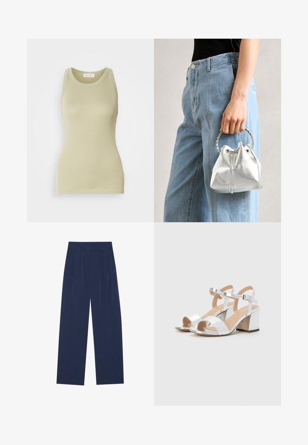 Light olive green tank top made of soft fabric. Features a rounded neckline and sleeveless design with a clean finish.; Navy blue wide-leg pants made of soft fabric, featuring front pleats, a smooth texture, and a straight fit with no visible pockets.; Silver high-heeled sandals with open toes, featuring two wide straps and a rounded block heel. Smooth texture with metallic finish.; Metallic silver bucket bag with a textured finish, adorned with a silver round handle and drawstring closure, held against light blue jeans.