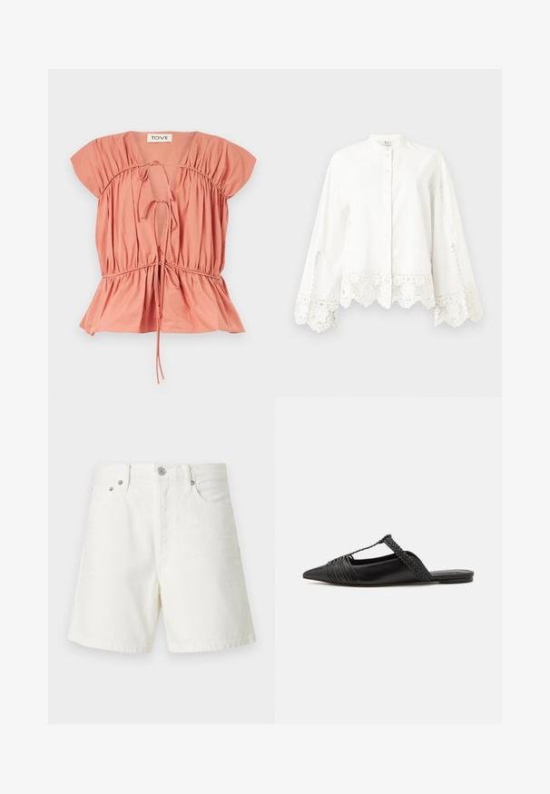 Persiku krāsas kokvilnas topiņš ar savelkamu detaļām, īsām piedurknēm un saplacinātu jostasvietu. Iespējas regulējami saitītes pie apkakles un apakšmalas.; Balta, garām piedurknēm, pogājama krekla ar mežģīņu apdari pie piedurknēm un apakšmalas, ar mandarin stila apkakli un smalku dekoratīvu izšuvumu.; Balti denima šorti ar taisnu piegriezumu, piecu kabatu dizainu, priekšējo pogu aizdari, sudraba detaļām un izšūtiem apdarēm.; Melnas ādas slingback kurpes ar norādītu purngali, kurām ir austoša akcenta un krokota augšdaļa. Plakana zole ar minimālu aparatūru.