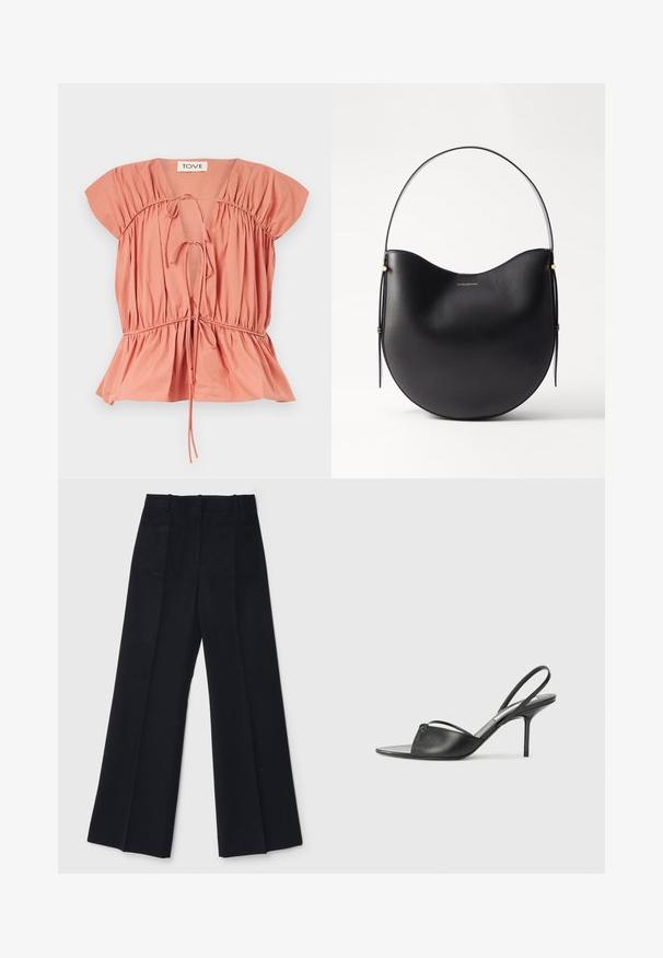 Hedvábně meruňková bavlněná blůza s nařasenými detaily, krátkými rukávy a staženým pasem. Obsahuje nastavitelné stahovací šňůrky u výstřihu a na lemu.; Černé široké kalhoty z hladké tkaniny, s vysokým pasem, dvěma zadními kapsami a jemnými předními sklady pro zvýraznění tvaru.; Černé kožené lodičky na odkryté patě s špičatou špičkou, tenkým řemínkem kolem kotníku a jehlovým podpatkem. Obsahují uzlový detail na nártu.; Černá kožená taška přes rameno s zakřiveným tvarem, tenkým popruhem a jemnými zlatými akcenty. Hladký povrch s minimalistickým designem.