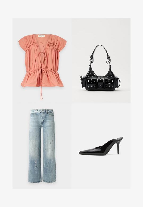 Majica boje breskve od pamuka s nabranim detaljima, kratkim rukavima i suženim strukom. Sadrži podesive vezice na izrezu i rubu.; Svijetloplave široke traperice od denima, s gradijentnim efektom boje i ukrasima od srebrnih rhinestona u vertikalnom uzorku.; Crne lakirane kožne visoke potpetice mule s šiljastim prstom i elegantnom siluetom, s otvorenom poleđinom i vitkom stiletto potpeticom.; Crna kožna torba s zakrivljenim dizajnom, koja sadrži srebrne zakovice, kopču i dva bočna džepa. Podesiva traka za različite opcije nošenja.