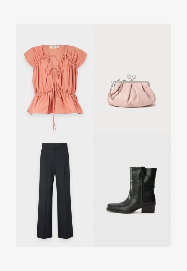 Peach-colored cotton top with gathered detailing, short sleeves, and a cinched waist. Features adjustable ties at the neckline and hem.; Dark blue pinstriped trousers with a high waist, wide leg design, and no visible hardware or embellishments. Smooth texture and tailored fit.; Black leather ankle boot with a rounded toe, block heel, side zipper, and stitching accents on the vamp. Smooth texture, classic design.; Pink leather clutch bag with a gathered design, metal frame, two round clasps, and a silver chain strap. Smooth texture, compact shape.