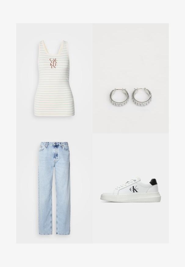 Majica brez rokavov iz kremaste tkanine z modrimi vodoravnimi črtami in osrednjim rjavim logotipom "CALVIN KLEIN". Gladka tekstura.; Svetlo modri široki džins hlače iz denima, z visokim pasom, zbledelim pranjem in subtilnim tie-dye vzorcem spredaj.; Bele nizke superge z črnim hrbtnim delom, platformo, vezalkami in Calvin Klein "CK" logotipom na strani.; Srebrni obroči s teksturiranim dizajnom, ki vsebuje navpične rebraste vzorce. Krožna oblika z varnim zapiranjem na zaponko. Gladek zaključek.