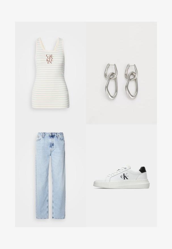 Beiginis be rankovių marškinėlis, pagamintas iš kreminio audinio, su mėlynomis horizontaliomis juostelėmis ir centre esantčiu rudu "CALVIN KLEIN" logotipu. Lygus paviršius.; Šviesiai mėlynos plačios kelnės, pagamintos iš džinsinio audinio, su aukšta juosmens linija, išblukusiu plovimu ir subtiliu tinių dažymu priekyje.; Balti žemakulniai bateliai su juodu kulno dangteliu, platformos padu, raišteliais ir Calvin Klein "CK" logotipu šone.; Calvin Klein STATEMENT LINKS - Auskarai - silver-coloured