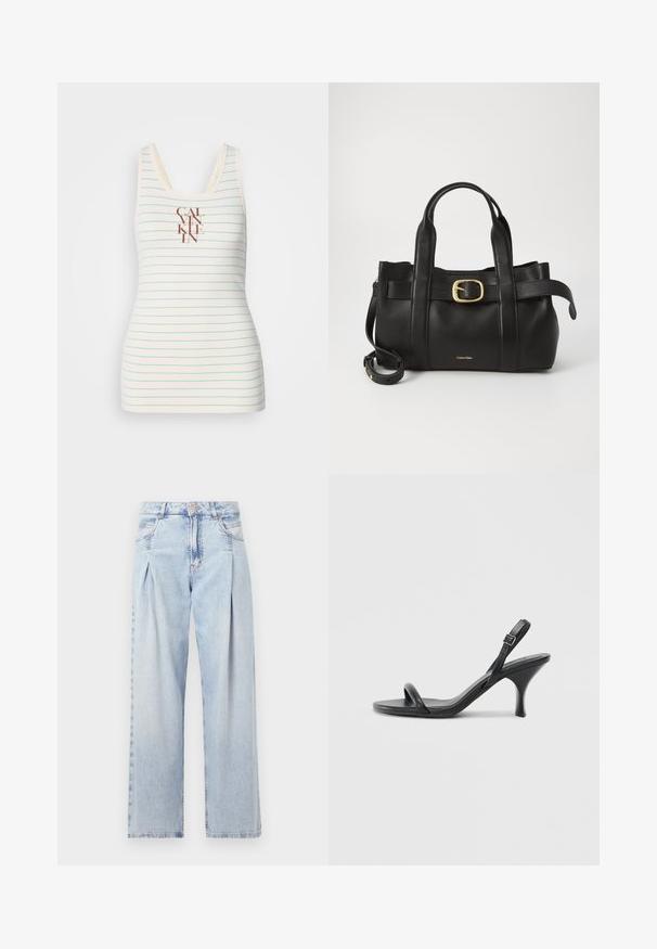 Ärmelloses Tanktop aus cremefarbenem Stoff mit blauen horizontalen Streifen und einem zentralen braunen "CALVIN KLEIN"-Logo. Glatte Textur.; Helle blaue Denim-Jeans mit hoher Taille, weitem Beinschnitt, zwei seitlichen Taschen und gefaltetem Design. Weiche Textur mit einem ausgebleichten Finish.; Schwarze Leder-Sandalen mit hohen Absätzen, schlankem, gebogenem Absatz und gekreuztem Riemendesign. Verstellbarer Knöchelriemen. Glatte Textur.; Schwarze Lederhandtasche mit strukturiertem Design, doppelten oberen Griffen, goldfarbenem Schnallenakzent und geprägtem Markenlogo auf der Vorderseite.