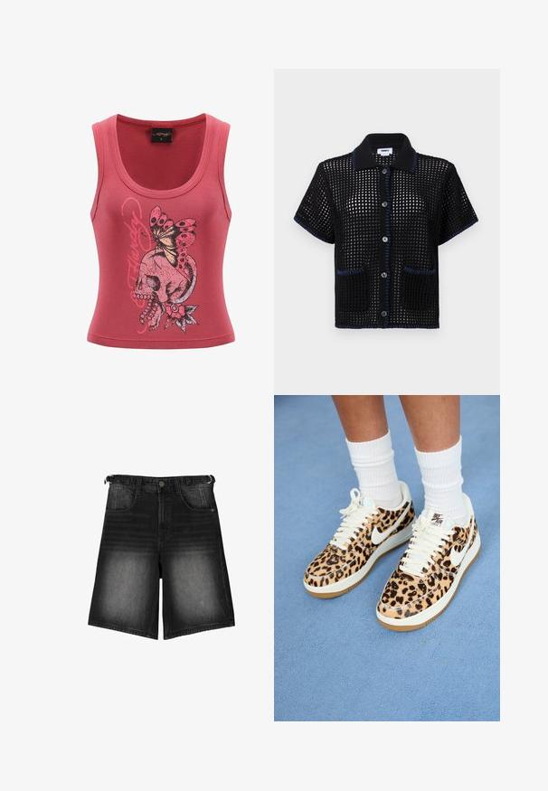 Pinkki eriää tanktoppi, jossa on pyöreä kaula-aukko. Edessä on musta ja vaaleanpunainen graafinen kuvasto, jossa on pääkallo ja perhonen.; Mustapitsinen lyhythihainen paita, jossa on verkkomainen kuvio, siniset tikkaukset kauluksessa ja taskun reunoilla, etuosassa napit.; Mustat farkkushortsit, joissa on kulunut pinta, viisi taskua, napitus ja vyölenkit. Kankaassa on sileä rakenne.; Tennarit Nike Air Force 1 leopardikuosisella printillä, joissa on valkoiset nauhat ja swoosh, täynnä vaaleaa kumista ulkopohjaa ja teksturoitua yläosaa. Valkoiset hienot sukat näkyvissä.