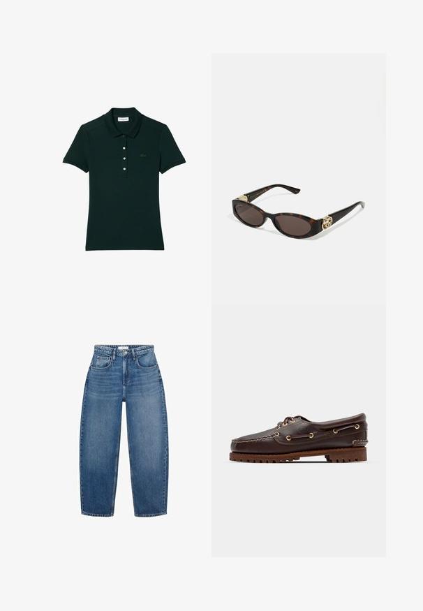 Polo de culoare verde închis, fabricat din bumbac. Prezintă un design cu guler, un placket cu patru butoane și un logo brodat pe piept. Mâneci scurte.; Blugi din denim albastru cu talie înaltă și croială dreaptă, având cinci buzunare, pasaje pentru curea și decolorări subtile pentru o textură suplimentară.; Șlapi de punt pe culoare maro din piele, cu ochiuri aurii, șireturi rotunde și o talpă texturată din cauciuc maro. Prezintă detalii cusute și un logo ridicat.; Ochelari de soare din țiglă cu lentile ovale alungite, nuanță maro, accente cu logo auriu pe brațele laterale și brațe negre elegante.