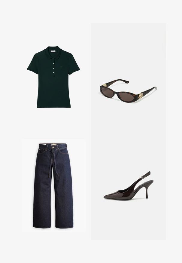 Donkergroene polo shirt van katoen. Beschikt over een kraagontwerp, een vierknops tocht en een geborduurd logo op de borst. Korte mouwen.; Wijd pijpjes donkerblauwe denim jeans met een hoge taille, voorzien van een trekkoord, vijf zakken en contrasterende stiksels.; Slingback hoge hak schoen in glanzend donkerbruin patentleer, puntige neus, open zijkanten en verstelbare enkelband.; Schildpadbril met langwerpige ovale lenzen, bruine tint, gouden logo-accenten op de pootjes en slanke zwarte armen.