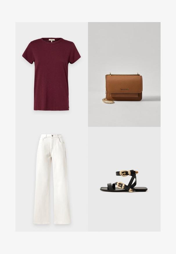rag & bone THE SLUB - T-shirt basic - burgundy; Witte wijde jeans met een knoopsluiting, riemlussen en vijf zakken. Glad textuur met zichtbare stiksels.; Zwarte leren sandaal met gouden gespaccenten, voorzien van meerdere banden en een vlakke zool voor open-teenschoen gebruik.; Bruine lederen schoudertas met textuur, voorzien van een gouden kettingstrap en klepsluiting. De voorkant heeft een logo-detail en een zak onder de klep.