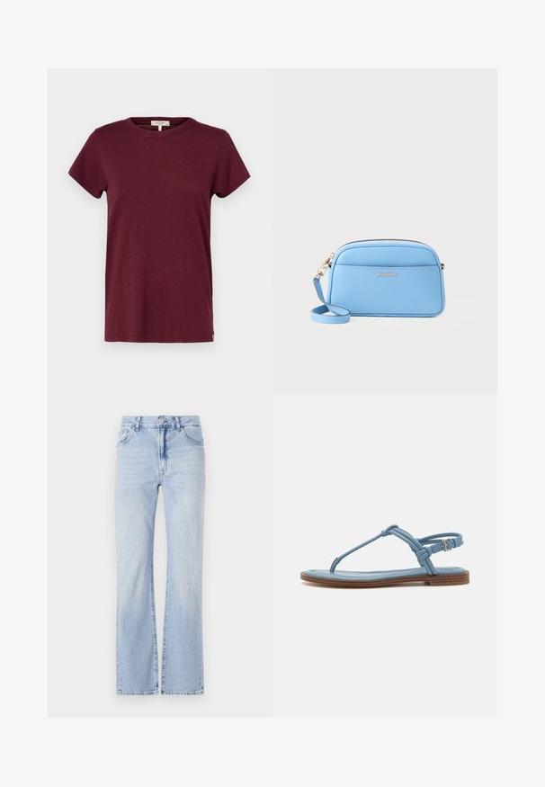 rag & bone THE SLUB - T-shirt básica - burgundy; Calças de ganga claras em denim, com corte flared, design de cinco bolsos, passadores para cinto e fecho com botão. Textura suave com desbotamento subtil.; Sandália de dedo em couro azul com sola plana, apresentando um design de tiras finas e fecho com fivela no tornozelo para um ajuste seguro.; Bolsa crossbody em couro azul claro com acessórios em tom de ouro, fecho em zip, e um bolso frontal. Apresenta uma alça ajustável para conveniência.